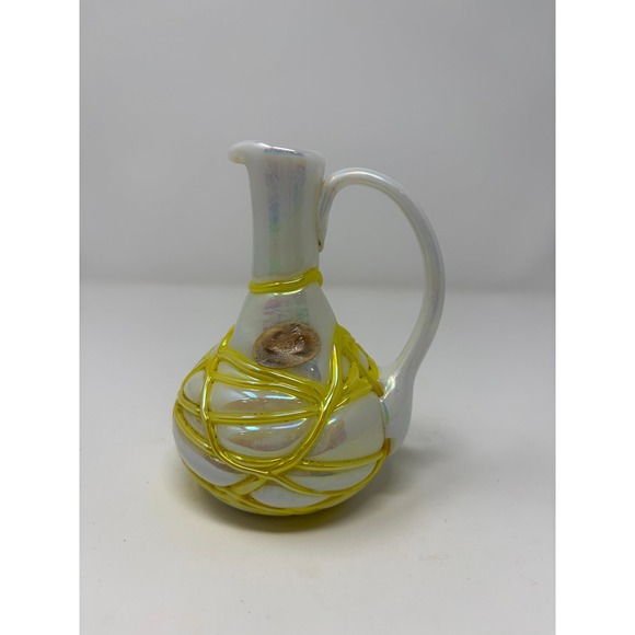 Gibson Glass Other - Vintage 1984 Gibson Glass White Opalescent Iridescent Yellow Threaded Cruet